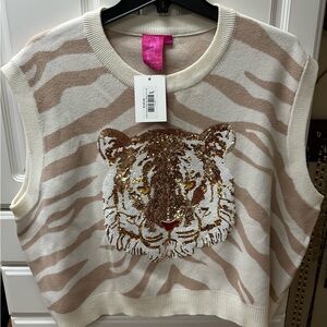 Queen of Sparkles Tiger face tan and white sweater vest NWT